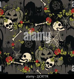 Seamless vector pattern with black cat and pumpkin in graveyard on grey background. Gothic Halloween wallpaper design with red roses. Stock Vector