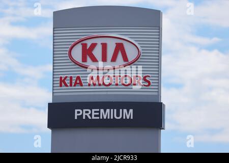 KIA MOTORS Premium store sign at Halifax. South Korean multinational automobile manufacturer headquartered. HALIFAX, NOVA SCOTIA, CANADA - JUNE 2022 Stock Photo