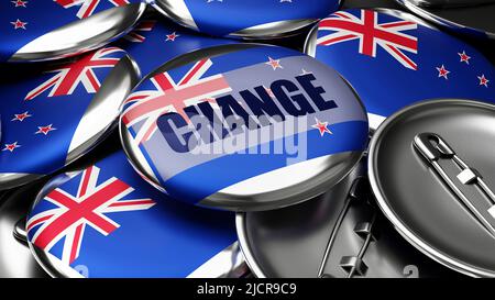 Change in New Zealand - national flag of New Zealand on dozens of pinback buttons symbolizing upcoming Change in this country. ,3d illustration Stock Photo