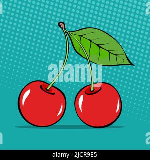 Ripe cherry. Two red berries with a leaf close up. Sweet tasty berry for dessert. Healthy food. Vector art illustration hand drawn. Pop art style Stock Vector