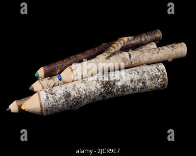 5 color pencils stylized from a branch isolated on a black background Stock Photo