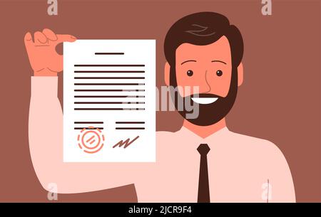 Young modern businessman with a contract in his hand. Man manager and employee of the company. Employment agreement, inheritance, testament. . Flat is Stock Vector