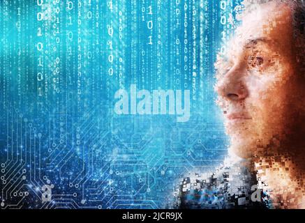 man defragmented and binary code, metaverse concept Stock Photo