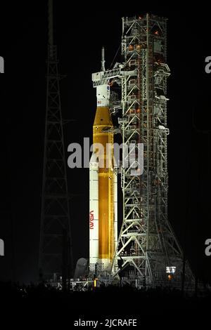 NASA's Space Launch System (SLS) rocket stands on Complex 39B in preparation for testing at the Kennedy Space Center, Florida on Wednesday, June 15, 2022. NASA is also celebrating the 60th Anniversary of the Kennedy Space Center. Photo by Joe Marino/UPI Credit: UPI/Alamy Live News Stock Photo