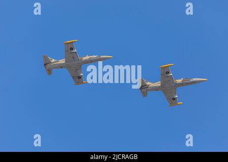 BAKU, Azerbaijan - MAY 28, 2022: Training aircraft L-39 against the background of a clear sky Stock Photo