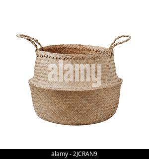 Empty trendy design handwoven seagrass belly basket with handles for storage laundry and toys or can use as cachepot. Round storage basket in braided seagrass, isolated on white background with clipping path Stock Photo