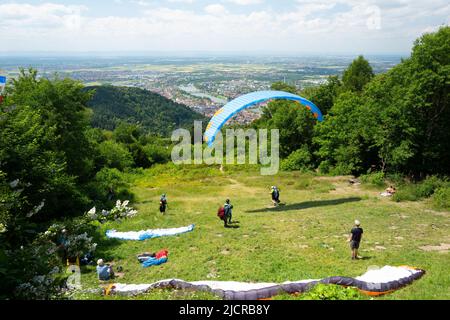 Paragliding from Konigstuhl, above Heidelberg, Germany Stock Photo