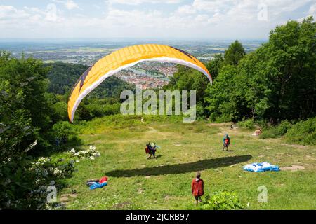 Paragliding from Konigstuhl, above Heidelberg, Germany Stock Photo