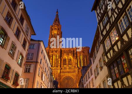 Ornate Strasbourg Cathedral towers over the buildings in Strasbourg, Alsace, France Stock Photo