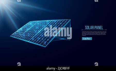 Solar battery, solar panel. Renewable alternative energy concept with glowing low poly panel on dark blue background. Wireframe low poly design. Abstr Stock Vector