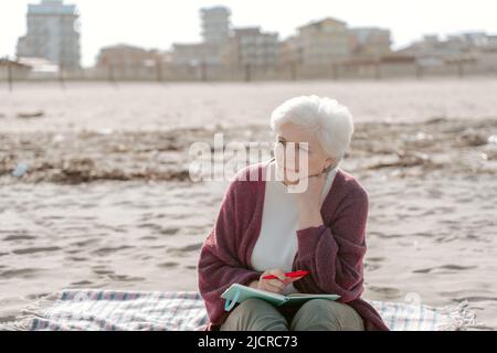 Pensive female diarist sitting on the beach Stock Photo
