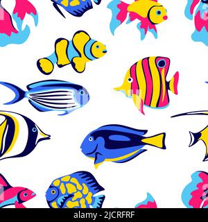 Seamless pattern with tropical fishes. Marine life aquarium and sea animals. Stylized image in bright colors. Stock Vector