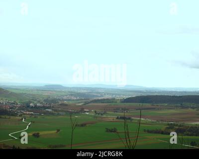 High angle view and depth of field panorama shot of a beautiful lusty green landscape scenery.