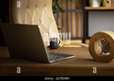 home office interior with wooden table, armchair,laptop, coffee set. office accessories Stock Photo
