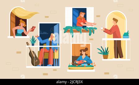 House facade with neighbors in open windows and balconies. Happy people look out of window sharing cup of coffee, books and young girl watering plants. Good neighborhood communication and relationship Stock Vector