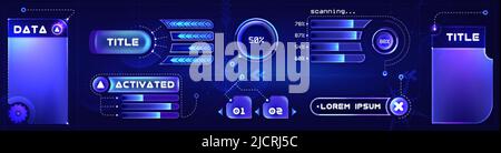 Futuristic text box, callout titles or modern digital panels. Abstract hud frame screen, textbox, labels or information call bars. Scifi tech borders for game, ui graphic design or gui user interface. Stock Vector