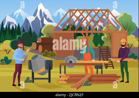 Workers build wooden residential house in forest. Cartoon team of contractors in uniform and engineer working at construction site, making new home flat vector illustration. Architecture concept Stock Vector