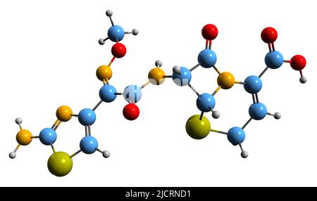 3D image of Ceftizoxime skeletal formula - molecular chemical structure of third-generation cephalosporin isolated on white background Stock Photo