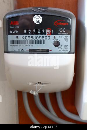 Domestic Electric Meter, showing increased fuel costs, per KWH, showing cabling Stock Photo