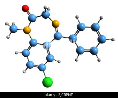 3D image of Diazepam skeletal formula - molecular chemical structure of benzodiazepine isolated on white background Stock Photo