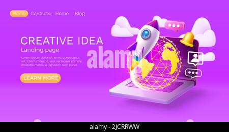 Landing page laptop creative idea, website banner message. Vector illustration Stock Vector