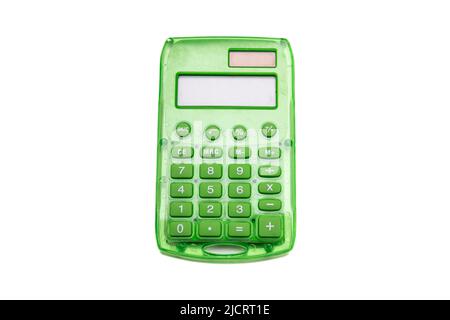 Calculator green color with blank display isolated cutout on white background. Account, tax calculate Stock Photo