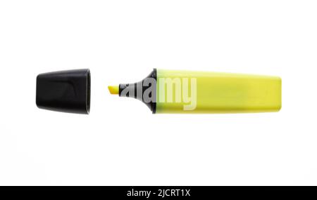 Highlighter yellow marker isolated cutout on white background. Overhead view of opened fluorescent pen with black lid, text marking, office supply. Stock Photo