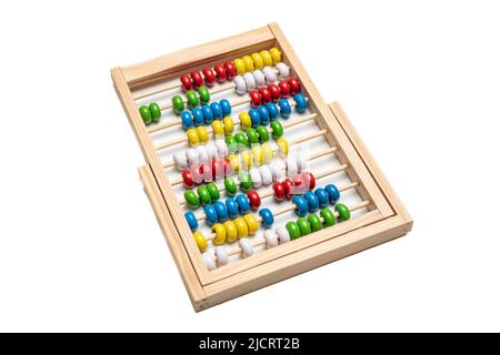 School abacus with colorful beads isolated and cut out on white color background. Calculate, count, children math class Stock Photo