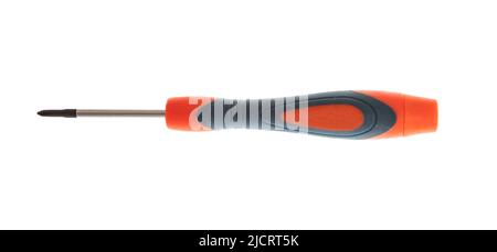 Screw drive tool isolated on white background. Screwdriver, new with rubber black and orange handle, design element. Stock Photo