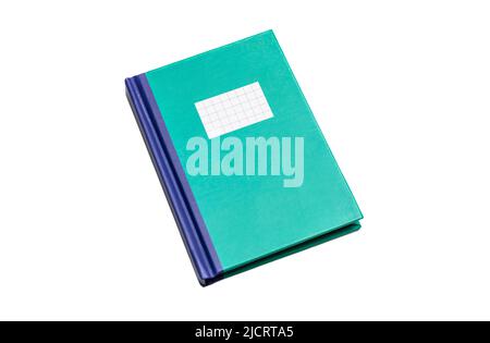Notepad isolated on white background. Blank label, green color hardcover notebook, School supply, copy space Stock Photo