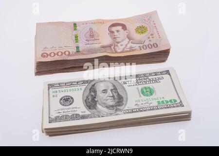 Close-up pile of Thai baht banknotes on white background Stock Photo ...