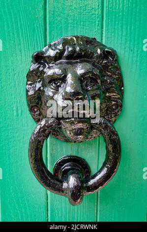 A metal door knocker in the shape of a lion on a green wooden door Stock Photo