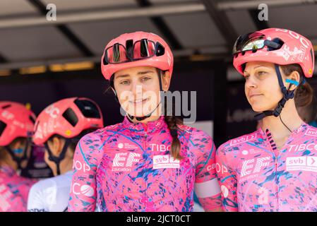 Letizia Borghesi, Krista Doebel Hickok, cyclists of team EF Education at the RideLondon Classique women's cycle race stage 1 at Maldon, Essex, UK. Stock Photo