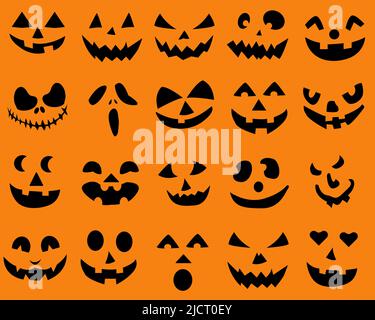 Set of Halloween pumpkins carving with orange background Stock Vector
