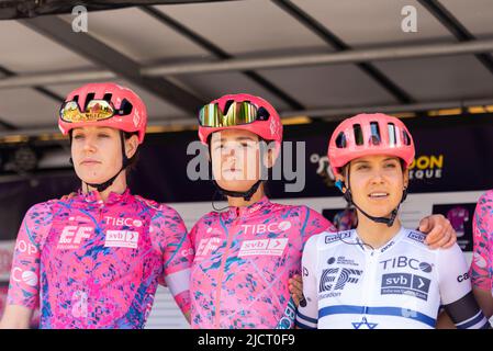 Tanja Erath, Veronica Ewers, Omer Shapira, cyclists of team EF Education at the RideLondon Classique women's cycle race stage 1 at Maldon, Essex, UK Stock Photo