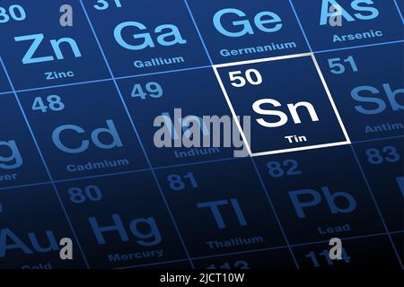 Tin, stannum Sn, chemical element sign. 3D rendering isolated on white ...