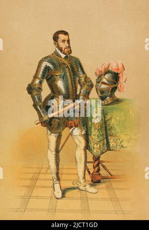 Charles V (1500-1558). Holy Roman Emperor and Archduke of Austria (1519-1556), king of Spain (1516-1556) and Lord of the Netherlands as titular Duke of Burgundy (1506-1555). Portrait. Chromolithography. 'Historia Universal' (Universal History), by César Cantú. Volume VII. Published in Barcelona, 1886. Stock Photo