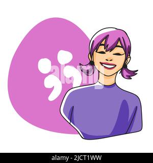 Girl expresses emotions, semicolon, with pink hair, shows joy, smiles, doodle style Stock Vector