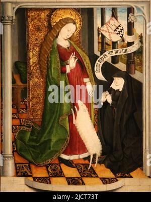 Geertruy Haeck Kneeling in Prayer before Saint Agnes. Northern Netherlands (Dordrecht ?), c. 1465. Oil on panel. Rijksmuseum. Amsterdam. Netherlands. Stock Photo