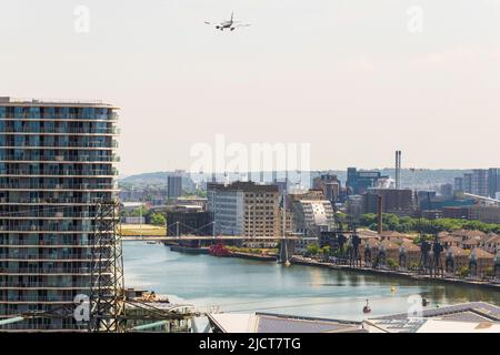 A British Airways Jet comes into land over at London City Airport. Stock Photo