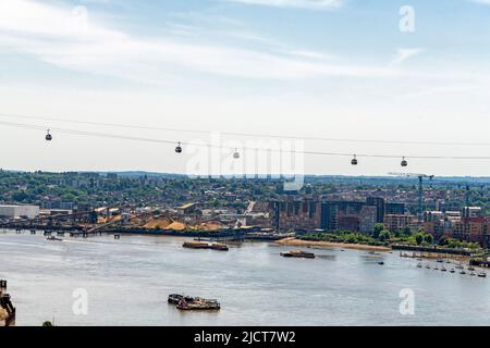 Aerial photo of the Emirates Royal Docks Gondola crossing the River Thames at Greenwich Peninsular. Stock Photo