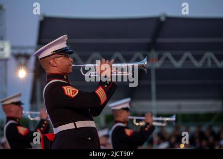 Namur, Belgium. 1st June, 2022. U.S. Marine Corps Staff Sgt. Alan Phillips, a trumpet instrumentalist with the 2d Marine Division Band, plays the trumpet during the Belgian Defence International Tattoo in Namur, Belgium, June 1, 2022. This five-day festival is the first Belgian International Tattoo, which was originally planned to commemorate the 75th Anniversary of the Liberation of Belgium in 2020, but was postponed due to COVID-19. Participating military bands include the Belgian, French, Polish and American bands. Credit: U.S. Marines/ZUMA Press Wire Service/ZUMAPRESS.com/Alamy Live News Stock Photo