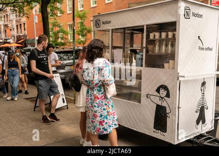 Free coffee at a brand activation for project management software company Notion in Nolita in New York on Saturday, June 11, 2022. (© Richard B. Levine) Stock Photo