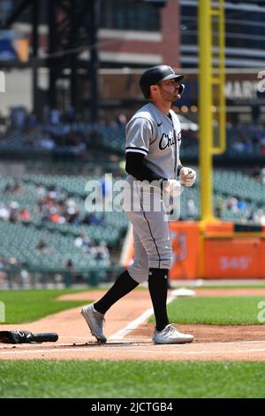 DETROIT, MI - JUNE 15: Chicago White Sox LF AJ Pollock (18) walks towards first after getting hit by the first pitch of the game during the game between Chicago White Sox and Detroit Tigers on June 15, 2022 at Comerica Park in Detroit, MI (Photo by Allan Dranberg/CSM) Stock Photo