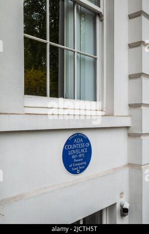 Ada Lovelace Blue Plaque London - Ada Countess of Lovelace 1815-1852 pioneer of computing lived here - 12 St James's Square, Westminster, London. Stock Photo