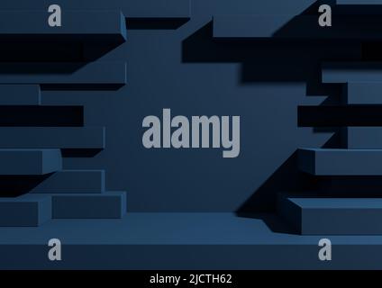 Dark, aqua blue 3D rendering product display podium or stand with abstract brick wall or portal for product photography minimal, simple, geometric bac Stock Photo
