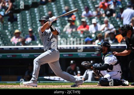 Chicago White Sox's Eloy Jimenez celebrates his two-run double during a  baseball game against the Houston Astros Monday, Aug. 15, 2022, in Chicago.  (AP Photo/Charles Rex Arbogast Stock Photo - Alamy