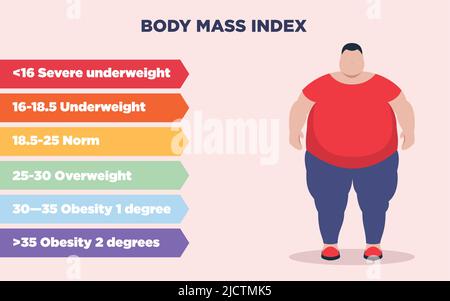 Poster with BMI infographics and fat person on pink backdrop Stock Vector