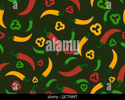 Pepper seamless pattern. Multi-colored chili peppers in circles and whole. Design for fabric print, banners and posters. Vector illustration Stock Vector