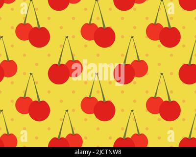 Cherries seamless pattern. Red cherry on a yellow background, dotted pop art style. Design for printing on fabric, banners and wrapping paper. Vector Stock Vector